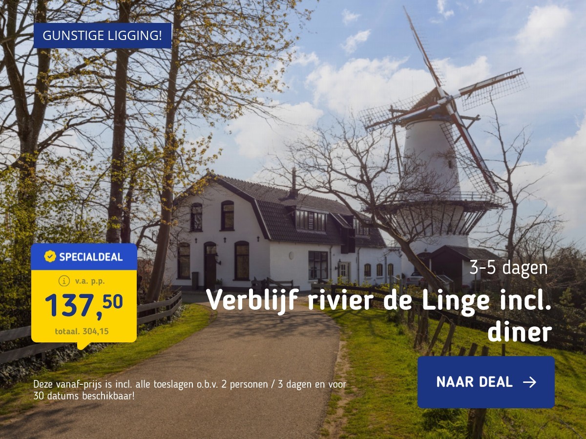 Verblijf rivier de Linge incl. diner